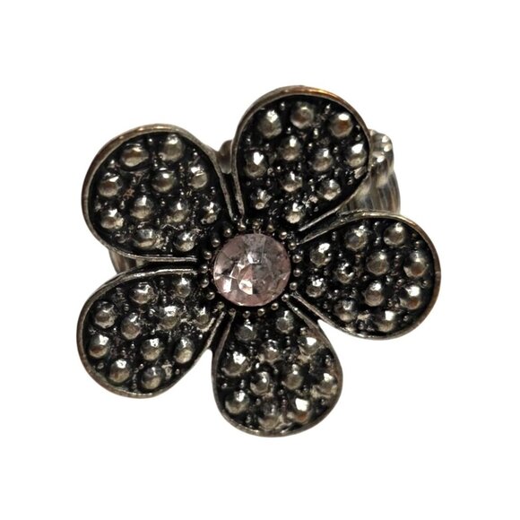 Silver-Tone Flower Stretch Ring Pink Rhinestone Center fairycore boho - Picture 1 of 4
